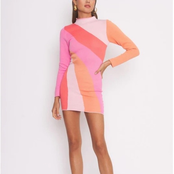 Vibrant Pink and Orange Long Sleeve Dress - Picture 1 of 6